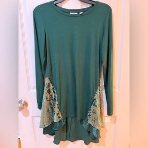 Green Long Sleeve Top/Dress Floral Velvet Burnout Panels on bottom back Fairy